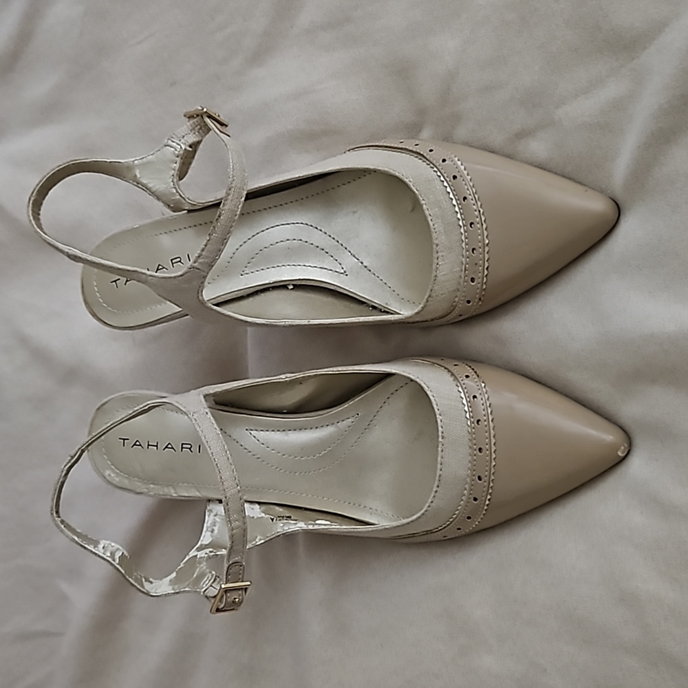 Tahari Alycia Nude Beige High Heel Womens 8.5 M Sling Back Strap Buckle